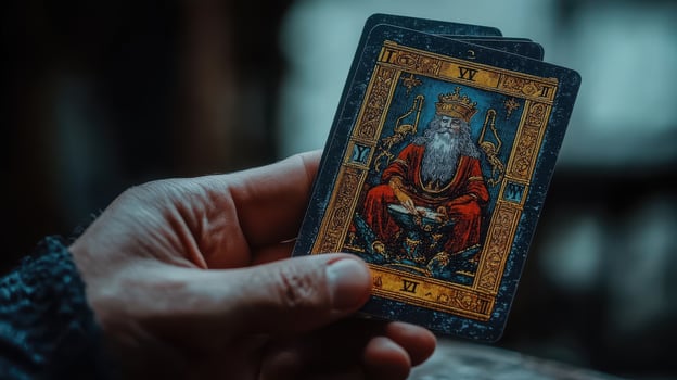 Hand holding tarot card, outdoors, blurred background, fortune telling photo