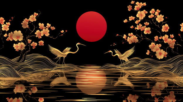 Golden cranes dance at sunset, cherry blossoms, water reflection, Asian art print photo