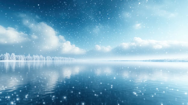 Snowy lake winter scene, calm water reflecting sky, winter wonderland background, ideal for Christmas cards photo