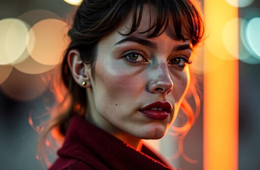 Large retro neon 80s portrait of cosy beautiful woman, female image photo