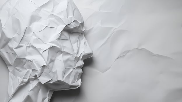 A piece of crumpled paper on a white surface, symbolizing frustration, failure, writers block, and the creative process. photo