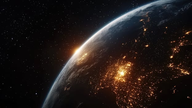 The earth is seen from space with lights shining photo