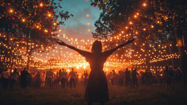 Woman enjoys outdoor music festival at sunset photo
