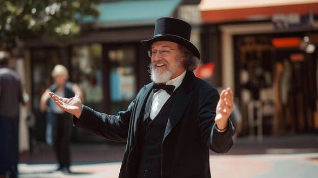 A skilled street magician performing magic tricks in a public space, captivating an audience with sleight of hand and illusions. photo