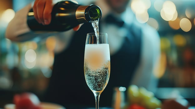 A bartender pouring champagne into a tall flute glass, showcasing the elegant bubbles rising in a stylish bar setting. photo