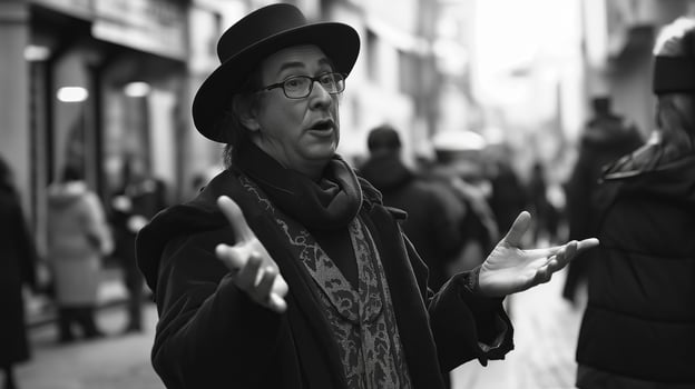 A street magician performing captivating magic tricks in an outdoor setting, amazing the audience with sleight of hand and illusions. photo