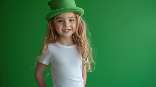 Young girl wearing a green hat smiles cheerfully against a vibrant green background in a studio setting photo