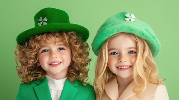 Young children celebrating in green hats with shamrocks, joyful expressions on a bright background photo