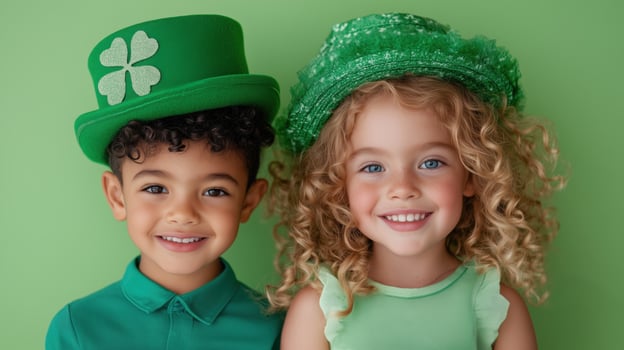Two smiling children wearing vibrant green hats and outfits stand against a matching background for a joyful celebration photo