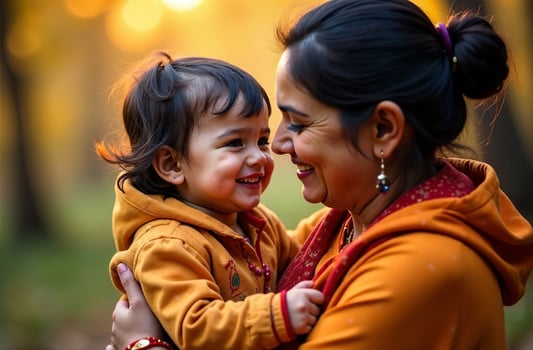 Indian mom hugging cosy toddler baby outside in park photo