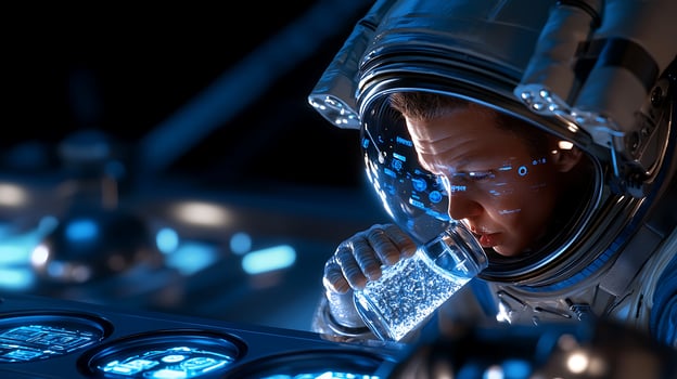 Astronaut in Space Drinking Water from a Glass, Surrounded by Advanced Technology and Controls photo