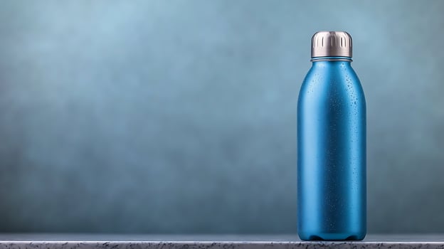 Blue metal water bottle standing on a textured surface against a soft gradient background photo
