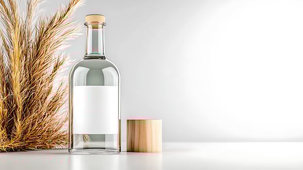 Clear glass bottle with blank label beside wooden lid and dried grass on minimalist background photo