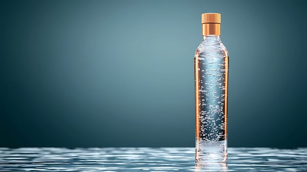 Clear water bottle with bubbles on a reflective surface against a soft gradient background photo