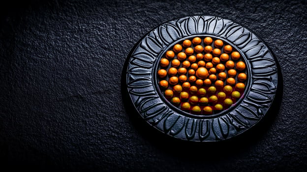 Close-up of a decorative plate with orange spheres against a textured dark background photo