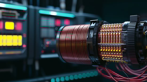 Close-up of a futuristic energy device with intricate wiring and glowing controls in a tech lab photo