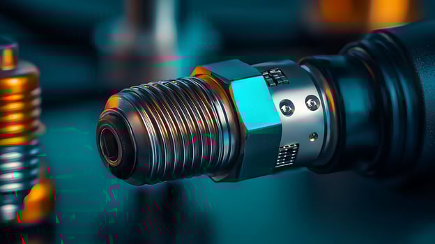 Close-up of a metallic connector showcasing intricate details against a blurred industrial background photo