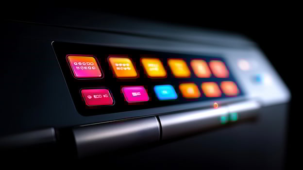 Close-up of a modern appliance control panel with illuminated buttons in a dark setting photo