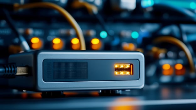 Close-up of a modern electronic device with glowing indicators amidst a tech-filled environment photo