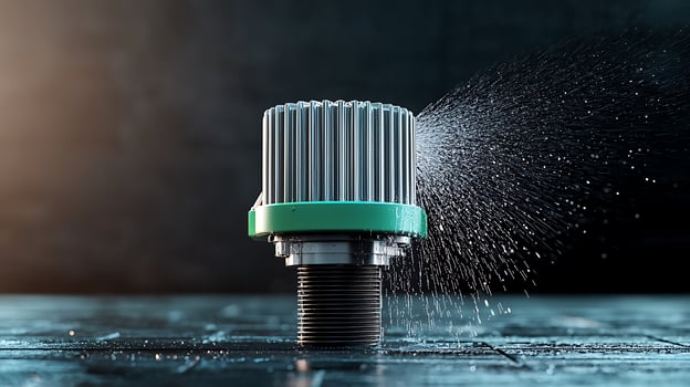 Close-up of a modern water spray nozzle on a textured surface with water mist in a dimly lit setting photo