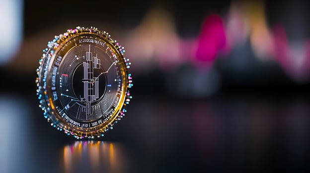 Close-up of a shiny cryptocurrency coin on a reflective surface with blurred financial charts in background photo