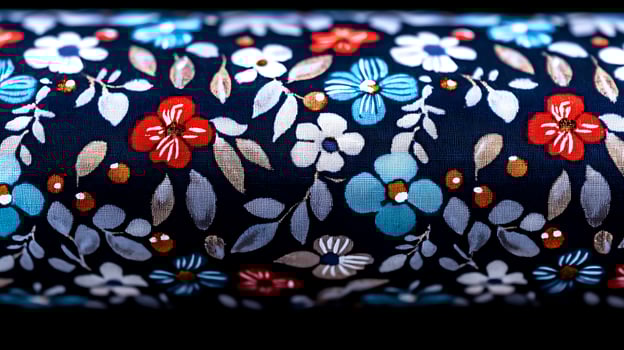 Close-up of a vibrant floral fabric roll displaying intricate patterns and colors photo