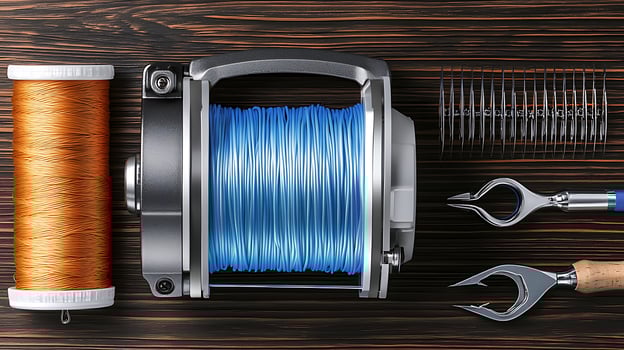 Close-up of fishing reel components with line spools and tools arranged on a wooden surface photo