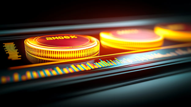 Close-up of illuminated audio mixer knobs with vibrant sound wave visualization in background photo