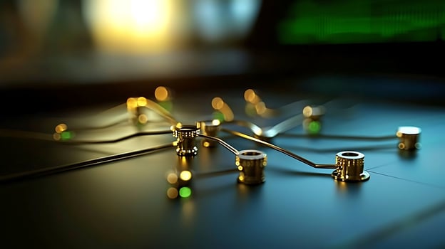 Close-up of intricate electronic circuit connections with glowing lights, showcasing technology's advancement photo