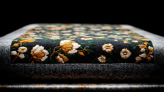 Close-up of intricately embroidered fabric showcasing floral patterns against a dark background photo