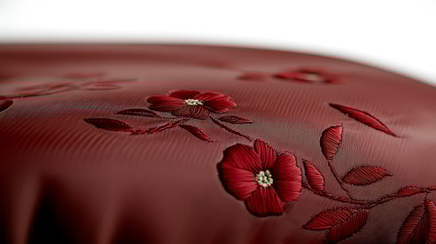 Close-up of intricate red floral embroidery on a textured fabric background, showcasing craftsmanship photo
