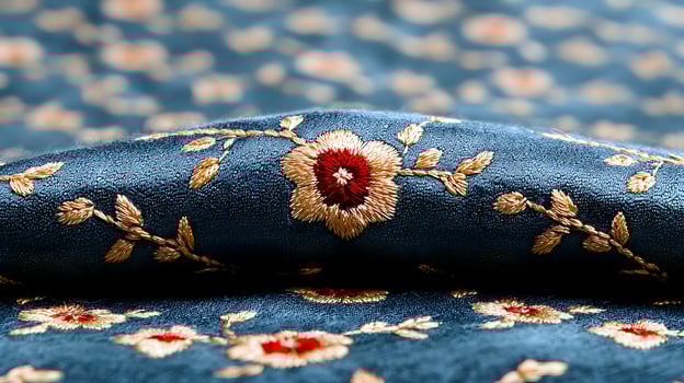 Close-up of intricately embroidered floral fabric draped, showcasing detailed design and texture photo