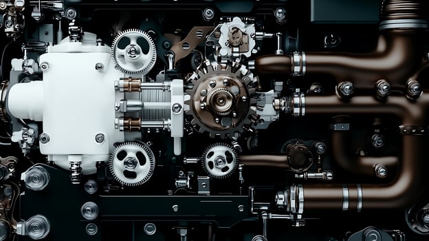 Close-up view of a complex engine component showcasing intricate gears and pipes in a dark setting photo