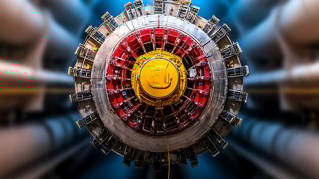 Close-up view of a large industrial machine with intricate components in a factory setting photo