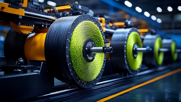 Close-up view of advanced machinery with circular green components in a factory setting photo