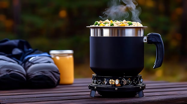 Cooking pasta outdoors in a black pot on a camping stove surrounded by nature and gear photo