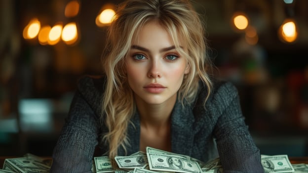 A woman sitting at a table with money photo