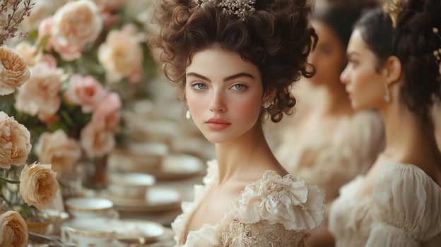 Beautiful women in wedding dresses at a table photo