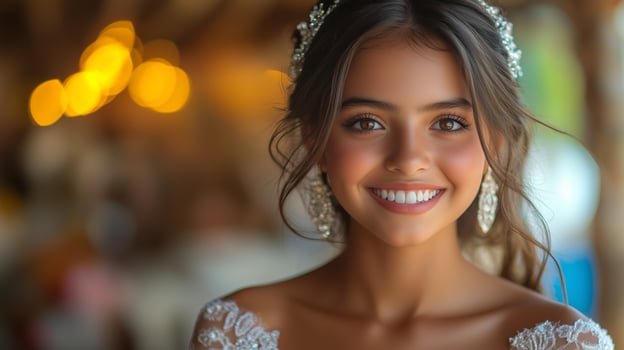 A beautiful young woman in a wedding dress smiling photo