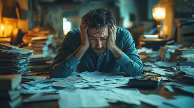 Overwhelmed businessman with head in hands photo
