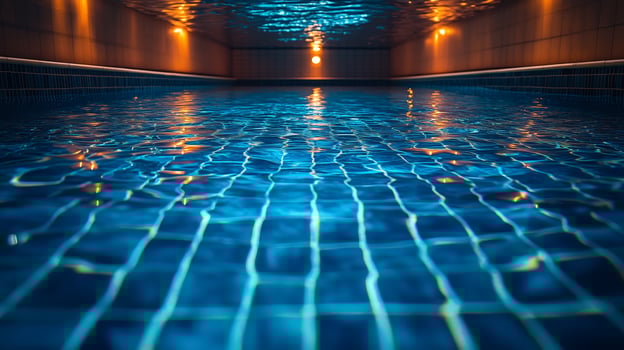 An indoor swimming pool with blue lights photo