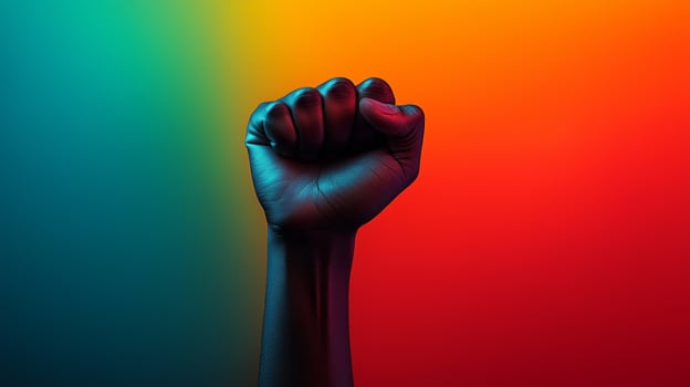 A hand with a fist raised up in the air photo