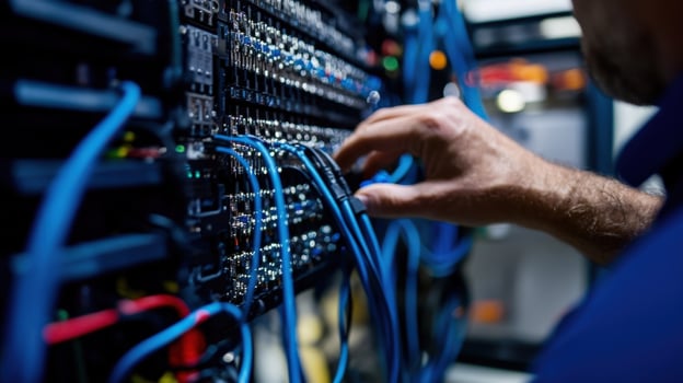 Technician managing complex network cables in server room photo