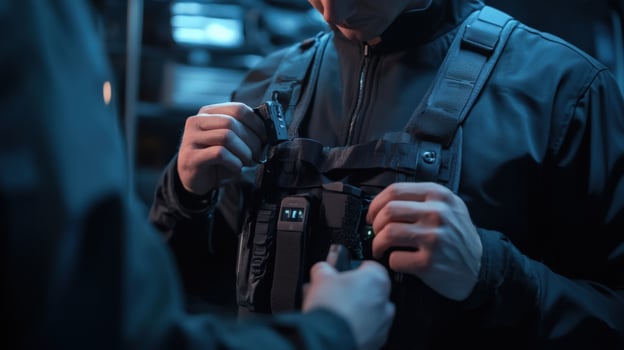 In a dynamic behindthescenes setup a sound technician is adjusting an audio transmitter worn by an actor. The transmitter clipped discreetly to the costume features a minimalist desig photo