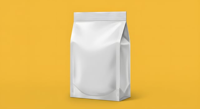Blank White Stand Up Pouch Packaging Mockup on Yellow Background, Perfect for Branding and Product Design Presentation photo