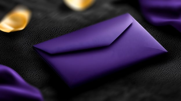 Elegant purple envelope resting on textured black surface with rose petals in soft focus background photo