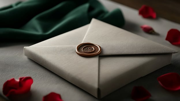 Elegant sealed envelope on a textured surface surrounded by rose petals and fabric photo