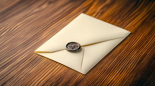 Elegant sealed envelope resting on a wooden table, suggesting anticipation or communication photo