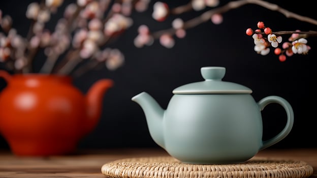 Elegant tea set with a green teapot on a woven mat, surrounded by blooming branches in the background photo