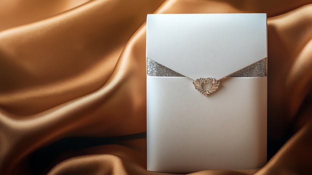 Elegant white envelope adorned with a heart-shaped brooch on luxurious golden fabric photo